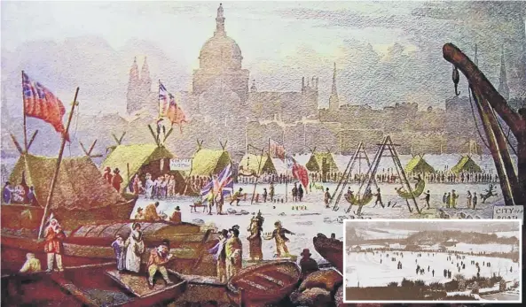  ??  ?? Painting shows the last-ever Frost Fair on the River Thames in 1814. Inset, when Peasholm Park lake froze and attracted ice-skaters early in the last century (Max Payne collection).