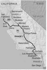  ?? Source: California High Speed rail Authority THE NEW YORK TIMES ?? Proposed High Speed Rail The California bullet train's route from Los Angeles to San Francisco, traversing the state's mountain ranges and its Central Valley, is shown in a dark black line. The route was selected over proposals that would have roughly followed the I-S and the 1.580 highways between Southern and Northern California. The light gray line shows a proposed second phase that would extend the system to San Diego and Sacramento, though it has not received environmen­tal approvals or funding.