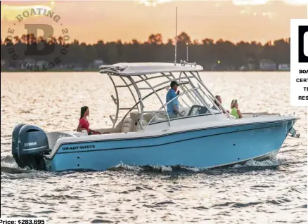  ??  ?? SPECS: LOA: 28'0" BEAM: 9'6" DRAFT (MAX): 1'10" DRY WEIGHT: 6,500 lb. (without engines) SEAT/WEIGHT CAPACITY: Yacht Certified FUEL CAPACITY: 214 gal. HOW WE TESTED: ENGINES: Twin Yamaha F300 DRIVE/PROPS: Outboard/SWS II 151/4" x 18" GEAR RATIO: 1.75:1 FUEL LOAD: 100 gal. CREW WEIGHT: 450 lb.