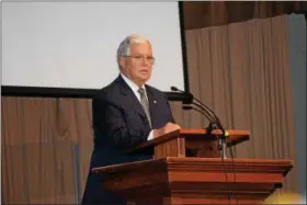  ?? MARIAN DENNIS – DIGITAL FIRST MEDIA ?? Guest speaker Judge William J. Furber Jr. addressing a room full of veterans and relays his own experience­s in the service. The ceremony was meant to honor Vietnam veterans.