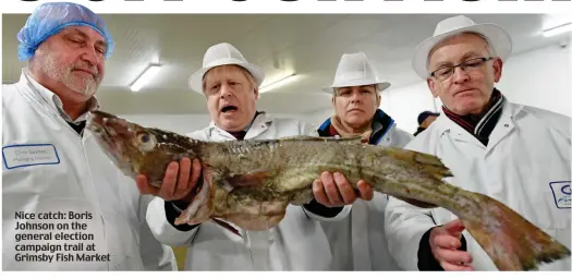  ??  ?? Nice catch: Boris Johnson on the general election campaign trail at Grimsby Fish Market
