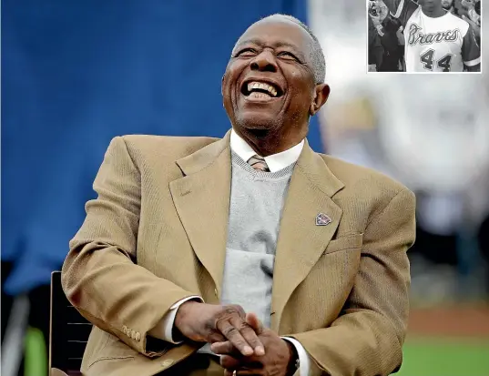  ?? AP ?? Hank Aaron in 2014 and, top, on April 8, 1974, after hitting his 715th career home run to beat the record held by Babe Ruth.