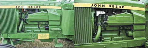  ??  ?? A mighty tractor needs a mighty engine. The Deere 531A in the 6030 was an evolution of the 531ci engine that had debuted for ‘62 in the 5010. The 500 series engines debuted in 1962, first with a 531cubic inch, naturally aspirated six. A larger 612 cubic inch version (5.12-inch bore) debuted for ‘75 and appeared in the 8630, making 275 horsepower. The 500 series came naturally aspirated, turbocharg­ed (“T” suffix) and turbo/aftercoole­d (“A” suffix). John Deere fielded three generally similar diesel engines during this time period, the 500 line being the top dog. The smallest were the 300 series that came in 303, 329 and 359 cubic inches, sharing a 4.33-inch stroke. These engines are often seen in European Deeres and initially, there were gas and LPG variants as well. The 400 Series was the first to appear, debuting in 1960 and all the engines in this class shared a 4.75-inch stroke, again some of them being gas or LPG fueled. The first 400 iteration displaced 380 cubic inches and appeared in the 4010. The 404 followed in the 4020 and was in use into the ‘80s. The 466 was the largest of the 400 series. The 531A had a lower compressio­n ratio than the NA 531 engine (15.4:1 vs 16.5:1). The 531A used an air-to-water aftercoole­r and a Bosch P-pump. The 500 series engines ended with the last 612 in the early ‘80s.