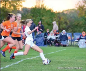  ?? Photo by Dane Fuelling ?? Sydney Keane scored three goals in the first half to lead the Bellmont Braves to a victory in the regional semifinals at Hamilton Heights Thursday night.