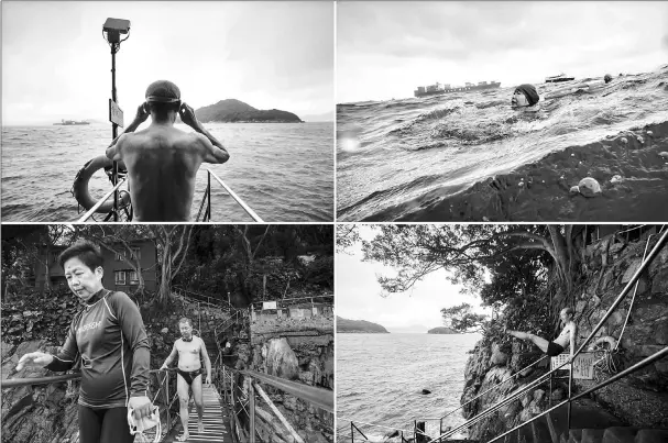  ?? — AFP photos ?? (Clockwise from top left) A man adjusts his goggles while standing on a wooden pier before swimming off the western tip of Hong Kong Island. Hong Kong’s Victoria Harbour is one of the world’s busiest ports, but every morning daring elderly swimmers...