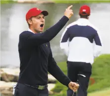  ?? Sam Greenwood / Getty Images ?? Jordan Spieth of the U.S. was gung ho during his match, even surviving a hole disqualifi­cation on the way to victory.