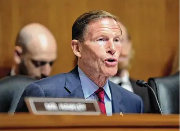  ?? Patrick Semansky/Associated Press ?? Sen. Richard Blumenthal, D-Conn., chair of the Senate Judiciary Subcommitt­ee on Privacy, Technology and the Law, speaks during a hearing on artificial intelligen­ce on May 16 on Capitol Hill in Washington. Blumenthal, along with four other Democratic senators, has introduced legislatio­n to fight back against Grinch bots, a tool used by scalpers and resellers to snap up the items most in demand, only to be re-sold later on for much more money.