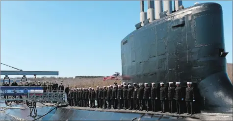  ?? PHOTOS BY DANA JENSEN/THE DAY ?? The crew of the Virginia-class fast attack submarine USS Colorado (SSN 788) mans the rails during the commission­ing ceremony at the Naval Submarine Base in Groton on Saturday. Visit theday.com for a photo gallery from the event.