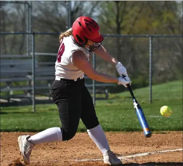  ?? BILL RUDICK FOR MEDIANEWS GROUP ?? Oxford’s Molly Friel connects for a base hit on Tuesday. Friel recorded her 100th career hit for the Hornets.