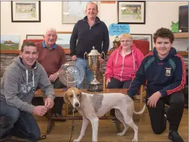  ?? Joe Harty and Luke Harty
Anthony Harty, Tony Harty and Sarah Harty with Miss Kelly, winner of the All-Ireland Puppy Drag Hunt in Cork ?? Front (from left) Back: