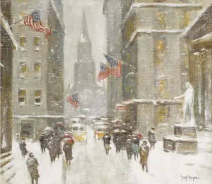  ??  ?? Guy Carleton Wiggins (1883-1962), Wall Street in Winter. Oil on canvas, 25 x 30 in., signed lower right: ‘Guy Wiggins’; signed and inscribed with title verso. Estimate: $100/150,000