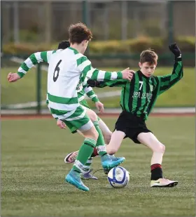  ??  ?? Tom Doyle Killarney Celtic against Cormac Lynch Fenit Samphires in the Kerry Schoolboys Killarney Plaza U15 Division 2 clash in Celtic Park, Killarney