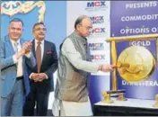  ??  ?? Finance minister Arun Jaitley at the launch of the commodity options on gold futures, in New Delhi on Tuesday