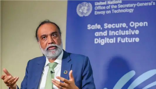  ?? ?? Amandeep Singh Gill, the United Nations tech policy chief, speaks during an interview with The Associated Press, last week at the UN headquarte­rs. Photo: Mary Altaffer/AP