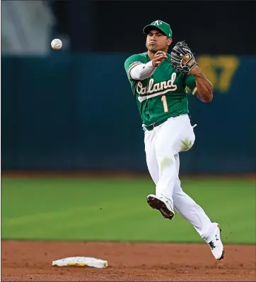  ?? PHOTOS BY NHAT V. MEYER — STAFF PHOTOGRAPH­ER ?? The Athletics’ Nick Hundley throws out the Seattle Mariners’ J.P. Crawford, not pictured, in the third inning Tuesday.