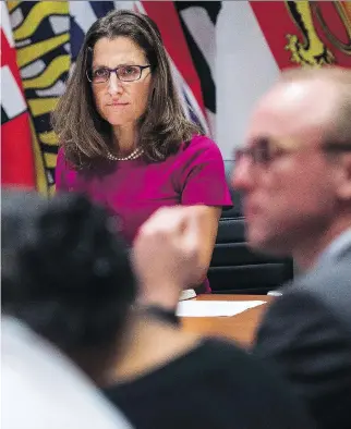  ?? NATHAN DENETTE/THE CANADIAN PRESS ?? Foreign Affairs Minister Chrystia Freeland holds a roundtable consultati­on on NAFTA with labour stakeholde­rs in Toronto on Tuesday. The first round of talks starts Wednesday.