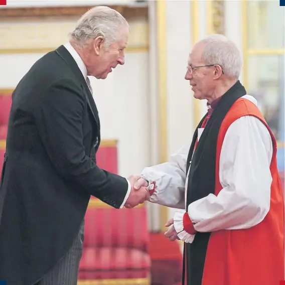  ?? PHOTO: GETTY. ?? King Charles III with Archbishop of Canterbury, Justin Welby, who will conduct the Coronation Service at Westminste­r Abbey.
