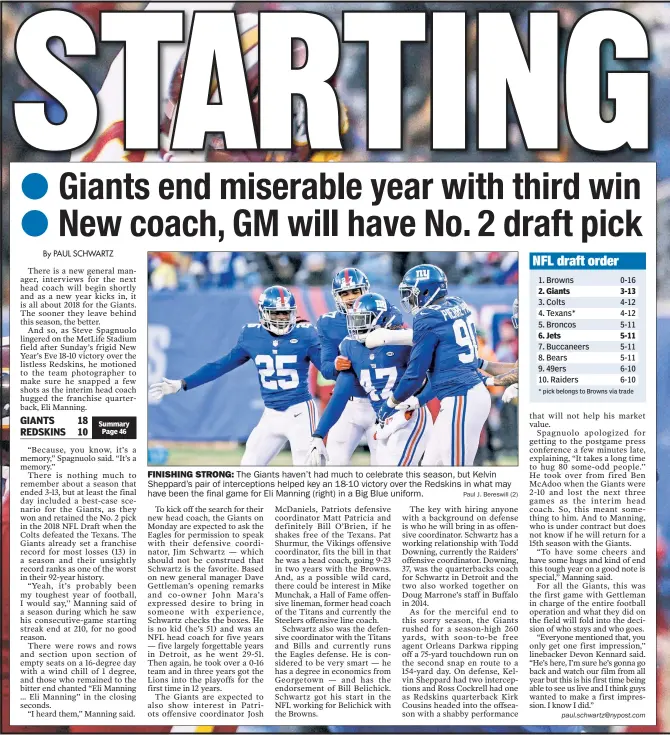  ?? Paul J. Bereswill (2) ?? FINISHING STRONG: The Giants haven’t had much to celebrate this season, but Kelvin Sheppard’s pair of intercepti­ons helped key an 18-10 victor y over the Redskins in what may have been the final game for Eli Manning (right) in a Big Blue uniform.