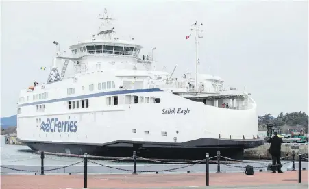  ??  ?? The Salish Eagle arrives at Ogden Point from Poland in March, prior to the applicatio­n of First Nations art on the exterior. B.C. Ferries says that a few reported glitches with the new Salish-class vessels are common with a new ferry design.