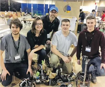  ??  ?? Yorkton Regional High School’s robotics team, including Shane Toma, Mya Desmarais, Matthew Breitkreuz and Blake Chiasson, with teacher Kevin Chiasson in back, competed at Skills Canada Saskatchew­an.