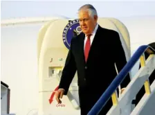  ?? THE ASSOCIATED PRESS ?? Secretary of State Rex Tillerson steps off his plane Saturday at King Salman Air Base in Riyadh, Saudi Arabia.