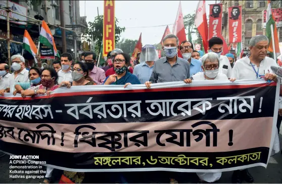  ?? SUBIR HALDER ?? JOINT ACTION
A CPI(M)-Congress demonstrat­ion in Kolkata against the Hathras gangrape