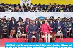  ??  ?? LIBREVILLE: In this file photo taken on Aug 17, 2019, Gabon’s President Ali Bongo and his wife Sylvia Bongo are flanked by then Bongo’s cabinet director Brice Laccruche Alihanga (second right) during the country’s independen­ce day celebratio­n. —AFP