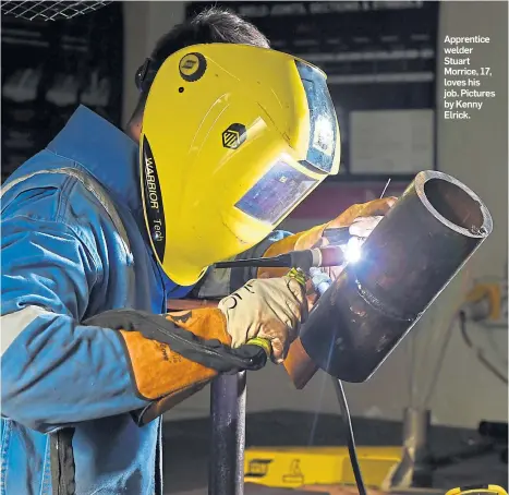  ??  ?? Apprentice welder Stuart Morrice, 17, loves his job. Pictures by Kenny Elrick.