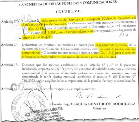  ?? ?? Facsímil de la Resolución N° 1853/23, con la cual se estipuló la primera Tarifa Promedio para subsidios al transporte.
Facsímil de la Resolución N° 276/24, con la cual se crean las nuevas Tarifas Promedio, pese a las críticas.