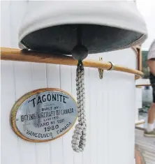  ??  ?? The ship’s bell, left, and Levett in the wheelhouse, where much of the equipment is still original.