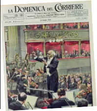  ??  ?? Sul podio Arturo Toscanini sulla copertina della Domenicade­l Corriere il 19 maggio 1946