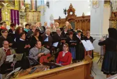  ?? Foto: Thomas Niedermair ?? Die Alpenverei­ns-Singgruppe beim Adventskon­zert in der Kirche St. Michael, unter der Leitung von Gabi Hartmann, vorne von links: Josef Biberacher, Ernst Fischer und Christine Biberacher von der Stubenmusi­k Fischer.