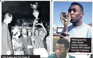  ??  ?? The Queen and The Duke of Edinburgh present Pelé with a trophy at The Maracana Stadium after a match between the all-stars of Rio de Janeiro and Sao Paulo in 1968