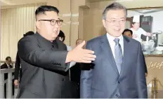  ??  ?? NORTH Korean leader Kim Jong-un, left, and South Korean President Moon Jae-in arrive at the Okryu-gwan restaurant in Pyongyang, North Korea, yesterday.