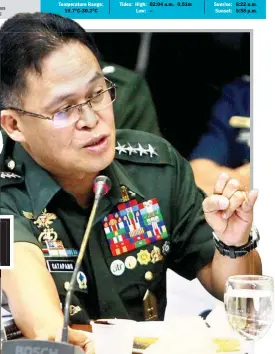  ??  ?? TO AND FRO – Rasid Ladiasan (left), chairman of the Moro Islamic Liberation Front (MILF) coordinati­ng committee on the cessation of hostilitie­s, and Armed Forces Chief of Staff Pio Catapang Jr. (right) field questions from senators yesterday at the...