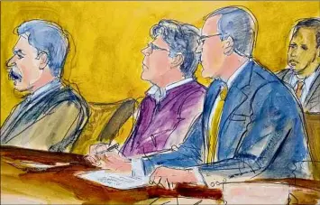  ?? Elizabeth Williams / Associated Press ?? In this courtroom drawing, defendant Keith Raniere, center, sits at the defense table with his attorneys Paul Derohannes­ian, left, and Marc Agnifilo, as the jury foreperson reads the guilty verdict in his sex traffickin­g trial June 19, 2019, in New York.