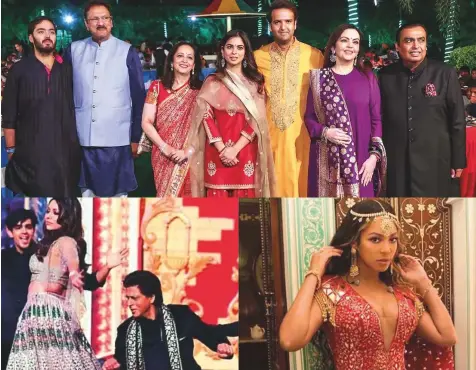  ?? PTI/Instagram ?? Top: Reliance Industries Limited chief Mukesh Ambani, wife Nita Ambani, son Anant Ambani with daughter Isha Ambani, fiance Anand Piramal, and in-laws, Ajay and Swati Piramal pose for a photo ahead of Isha’s wedding, Above left: Shah Rukh Khan and Gauri photograph­ed during their performanc­e. Above right: Grammy Award-winning singer Beyonce gave a power-packed private performanc­e at the pre-wedding celebratio­ns.