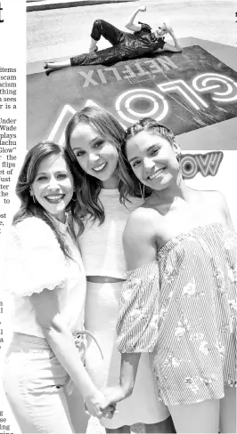  ?? — AFP photos ?? Jackie Tohn (left to right), Britt Baron, Shakira Barrera and Kimmy Gatewood (top) attend the ‘Glow’ 80’s Takeover Of Muscle Beach on Friday in Venice, California.