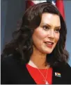  ?? AP File Photo ?? Michigan Gov. Gretchen Whitmer, shown in a June 5 file photo, was the target of a kidnapping plot that was foiled by authoritie­s.