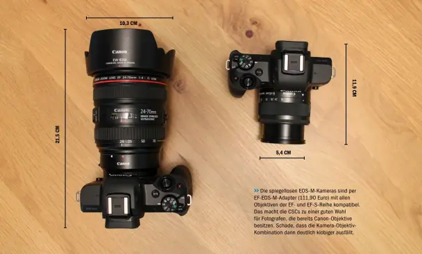  ??  ?? &gt;&gt;Die spiegellos­en Eos-m-kameras sind per EF-EOS-M-ADAPTER (111,90 Euro) mit allen Objektiven der EF- und Ef-s-reihe kompatibel. Das macht die CSCS zu einer guten Wahl für Fotografen, die bereits Canon-objektive besitzen. Schade, dass die Kamera-objektivKo­mbination dann deutlich klobiger ausfällt.