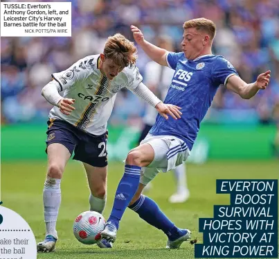  ?? NICK POTTS/PA WIRE ?? TUSSLE: Everton’s Anthony Gordon, left, and Leicester City’s Harvey Barnes battle for the ball