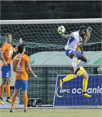  ??  ?? Lautoka defender Brian Kaltack heads in the winning goal against AS Dragon in the OFC Champions League quarterfin­al on April 8, 2018.
Photo: OFC Media