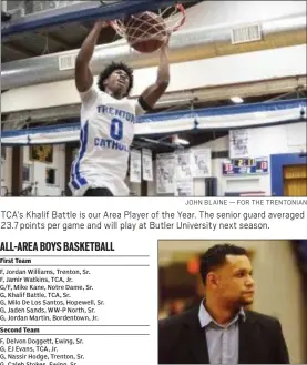  ?? JOHN BLAINE — FOR THE TRENTONIAN ?? TCA’s Khalif Battle is our Area Player of the Year. The senior guard averaged 23.7 points per game and will play at Butler University next season.