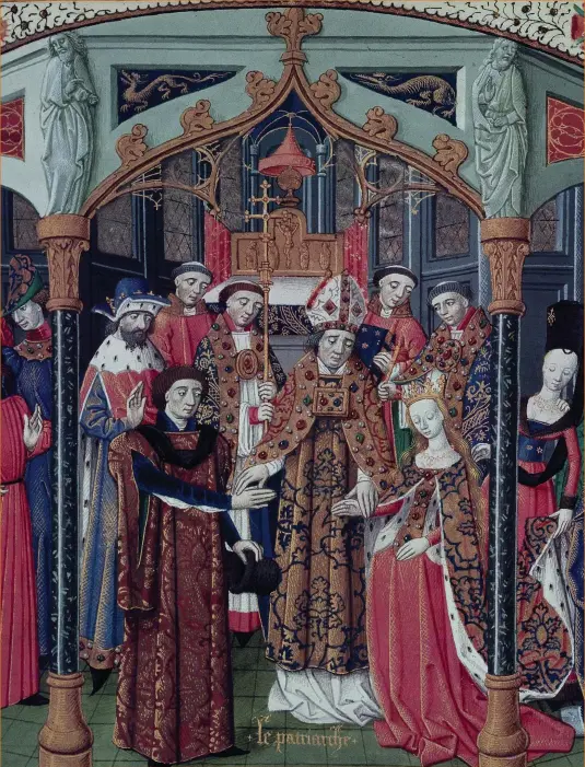  ??  ?? Power struggle An illuminati­on depicting Sibylla and Guy de Lusignan’s wedding. Many have pointed to her decision to remarry the domineerin­g Guy, whom Sibylla deferred to, as the reason for her kingdom’s defeat
