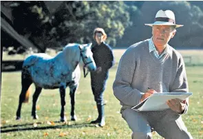  ??  ?? Redvers at work, with his wife, Mary, a breeder of ponies; below, one of his pencil drawings (as John Piggins, circa 1951) of the poet Siegfried Sassoon (1886-1967)