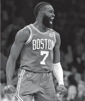  ?? Maddie Meyer / Getty Images ?? The Celtics’ Jaylen Brown reacts in the second quarter during Tuesday’s Game 2 victory. Brown scored 25 of his game-high 30 points in the first half.