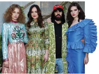  ??  ?? FROM LEFT: PETRA COLLINS, DAKOTA JOHNSON, DESIGNER ALESSANDRO MICHELE AND HARI NEF