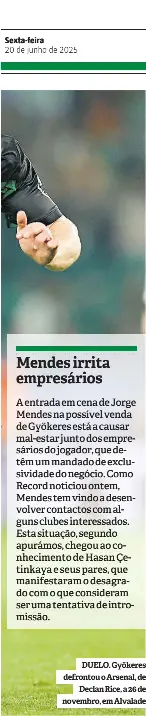  ?? ?? DUELO. Gyökeres defrontou o Arsenal, de Declan Rice, a 26 de novembro, em Alvalade
