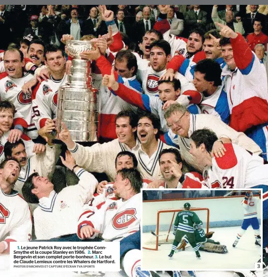  ?? PHOTOS D’ARCHIVES ET CAPTURE D’ÉCRAN TVA SPORTS ?? 1. Le jeune Patrick Roy avec le trophée ConnSmythe et la coupe Stanley en 1986. 2. Marc Bergevin et son complet porte-bonheur. 3. Le but de Claude Lemieux contre les Whalers de Hartford.
3