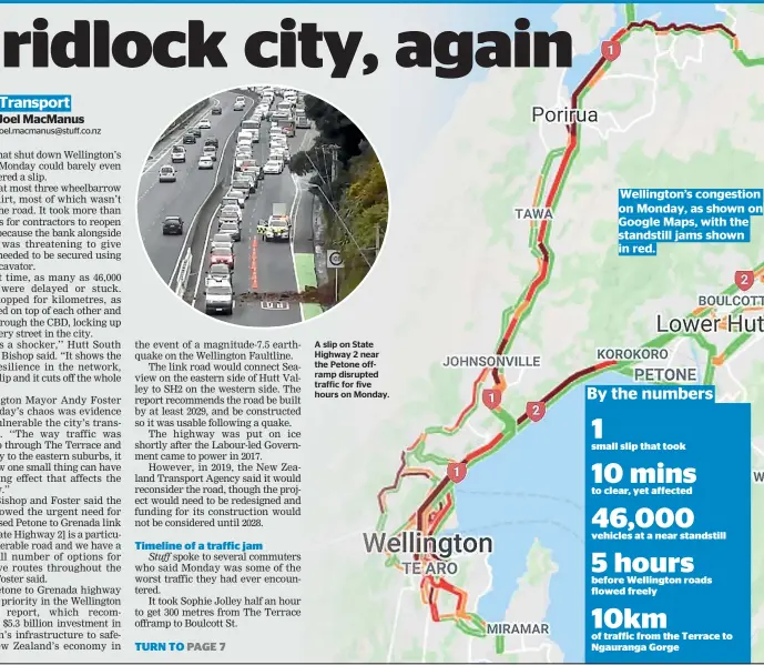  ??  ?? A slip on State Highway 2 near the Petone offramp disrupted traffic for five hours on Monday.